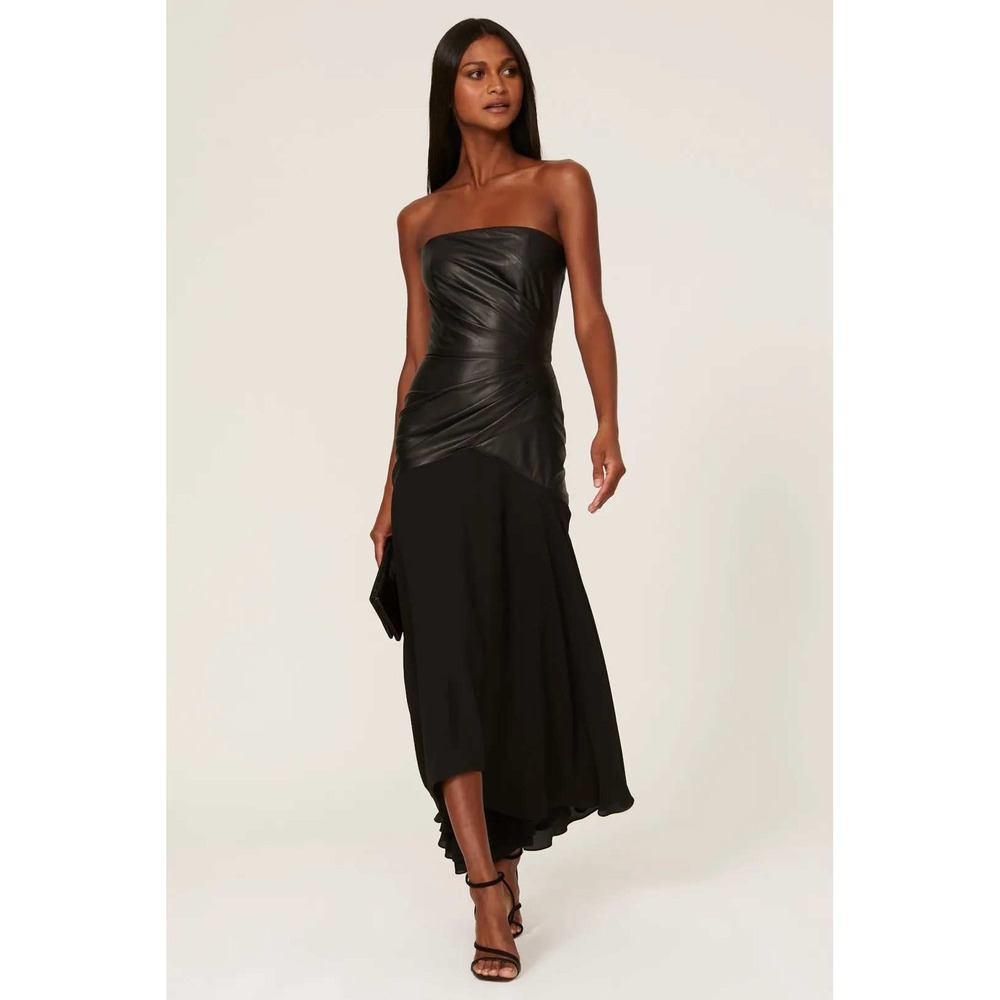 Shoshanna Rustin Faux Leather Gown Black Chiffon Bustier Dress Sz 6
